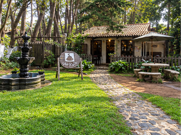Jardín y entrada de Quekafe rodeados de árboles