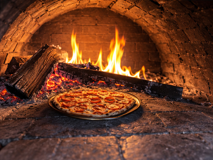 Pizza artesanal dentro del horno de leña